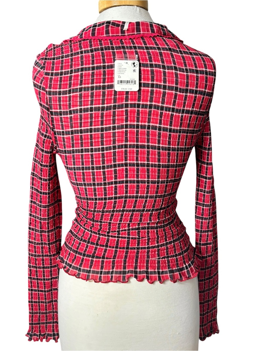 NWT Free People Red Plaid Smocked Button-Front Long Sleeve Top (Size XS) - Picture 3 of 5